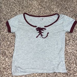 gray and maroon tie crop top